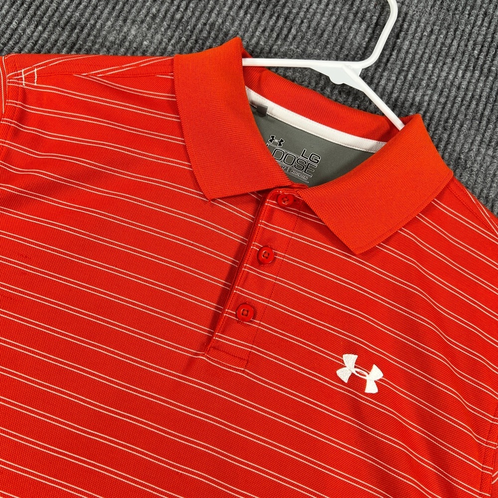 Under Armour Polo Shirt Mens Large Orange Striped Short Sleeve Loose Fit Golf‎